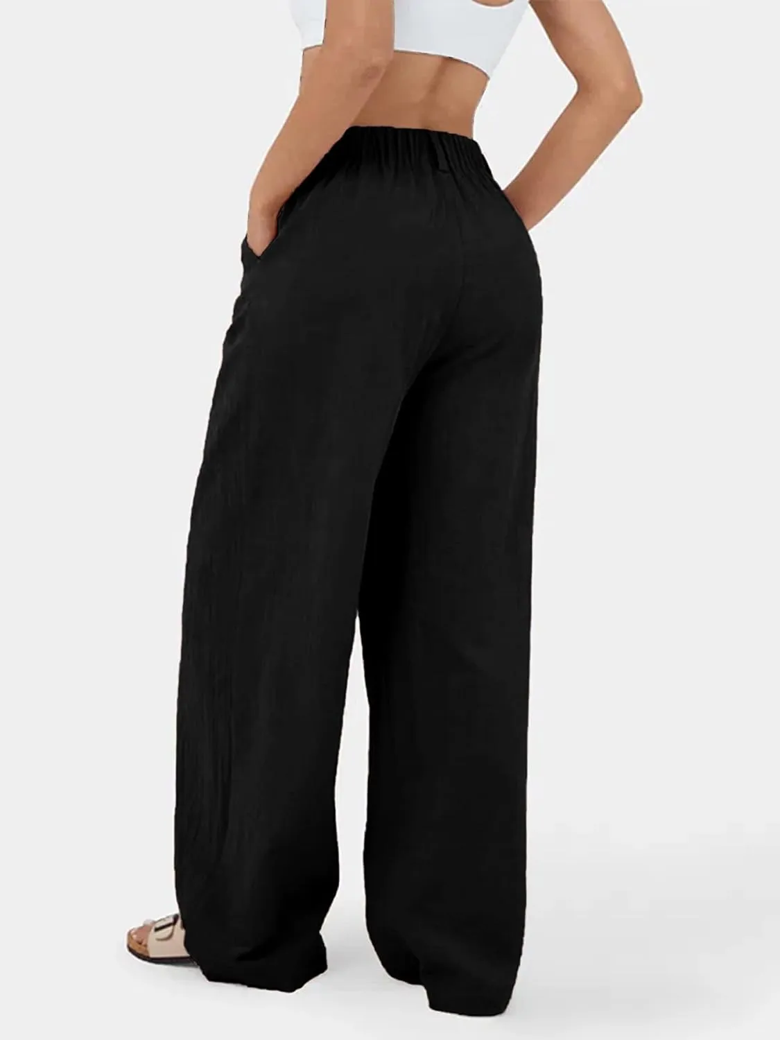 IFFEI Womens Linen Pants Casual Loose Wide Leg High Waist Button Up Pants Trousers with Pockets