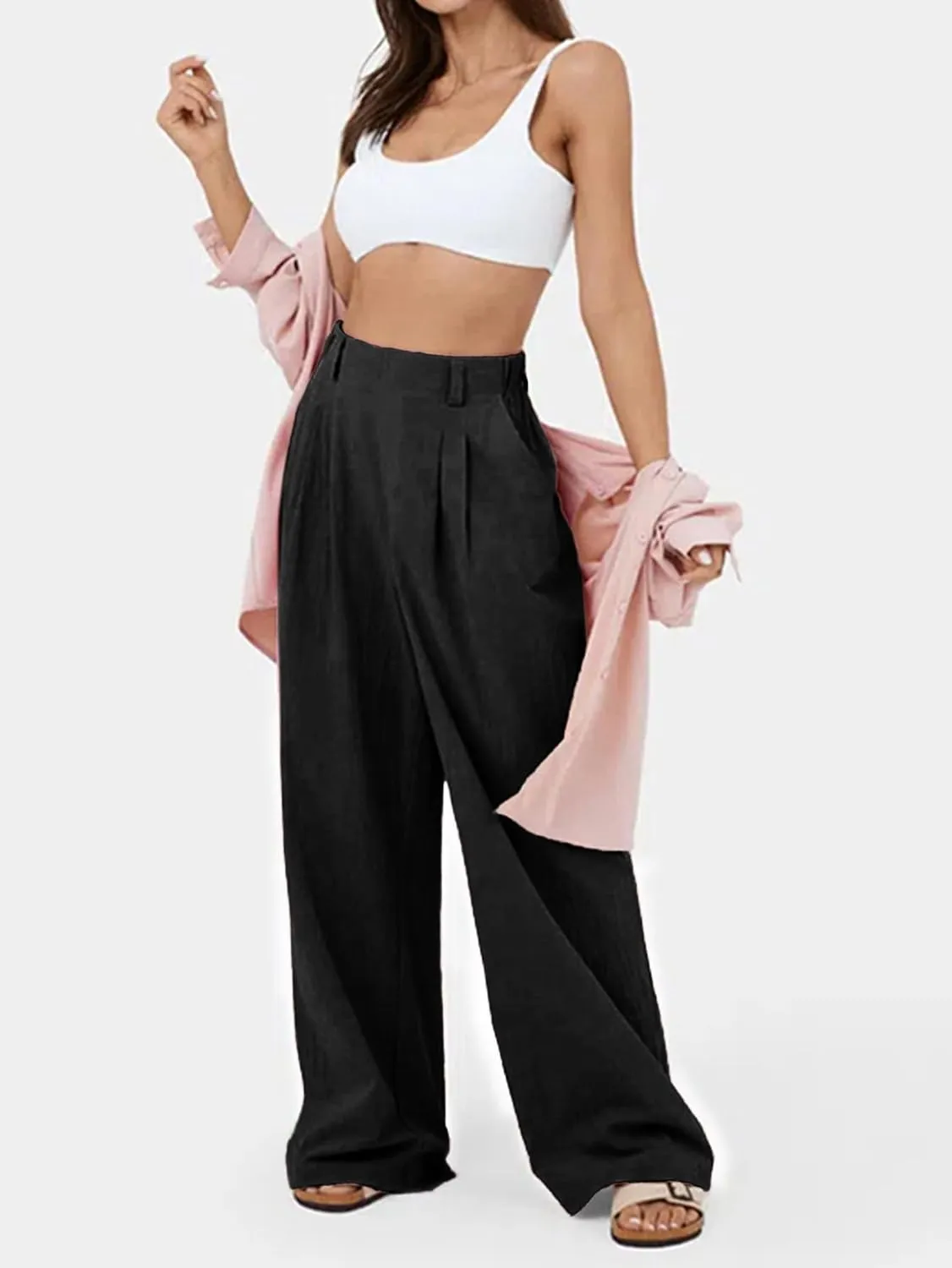IFFEI Womens Linen Pants Casual Loose Wide Leg High Waist Button Up Pants Trousers with Pockets