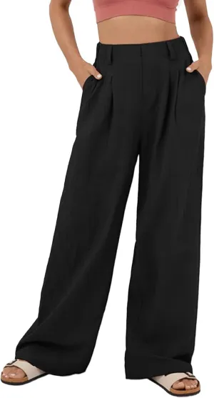 IFFEI Womens Linen Pants Casual Loose Wide Leg High Waist Button Up Pants Trousers with Pockets