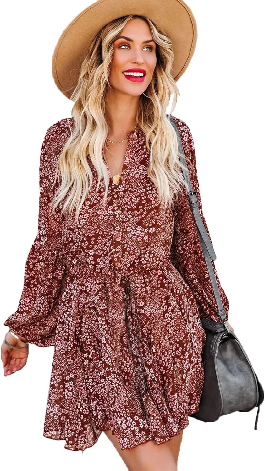 Irsutey Women Casual Summer Sundress Boho Long Sleeve V Neck Tie Knot Dress Ruffle Floral Print Button Down Mini Swing Dress