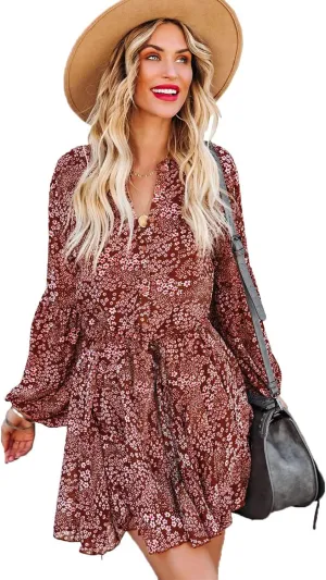 Irsutey Women Casual Summer Sundress Boho Long Sleeve V Neck Tie Knot Dress Ruffle Floral Print Button Down Mini Swing Dress