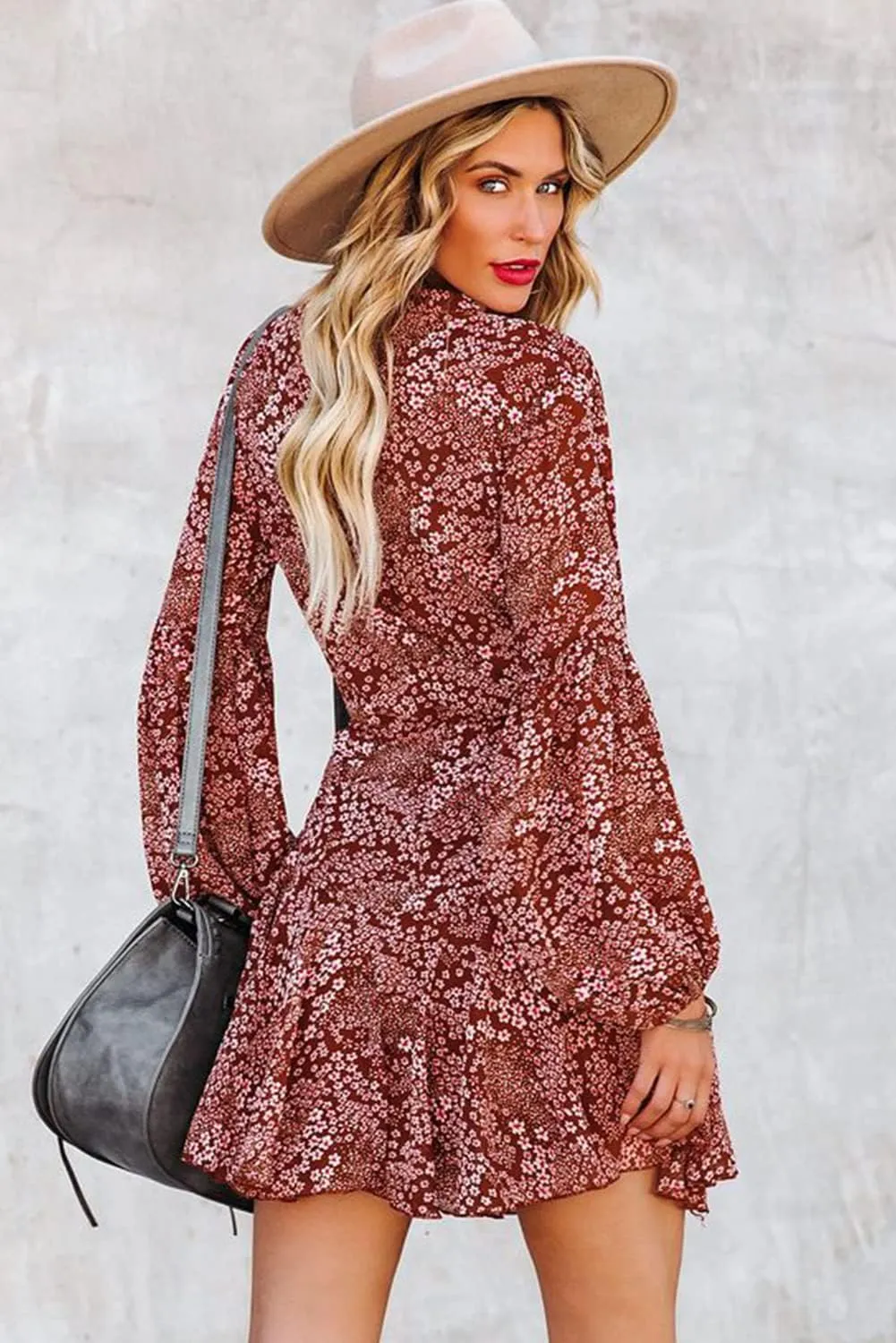Irsutey Women Casual Summer Sundress Boho Long Sleeve V Neck Tie Knot Dress Ruffle Floral Print Button Down Mini Swing Dress