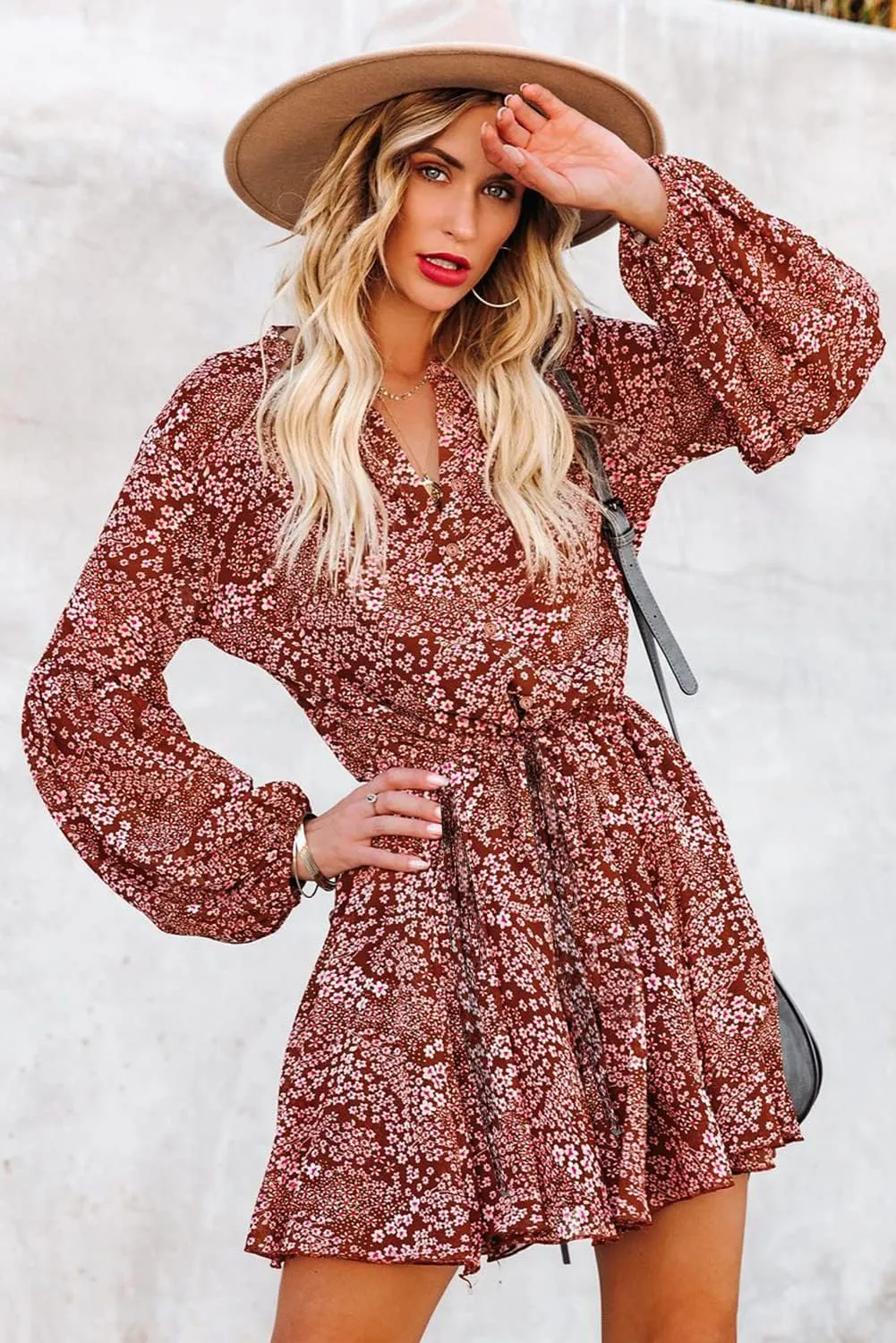 Irsutey Women Casual Summer Sundress Boho Long Sleeve V Neck Tie Knot Dress Ruffle Floral Print Button Down Mini Swing Dress