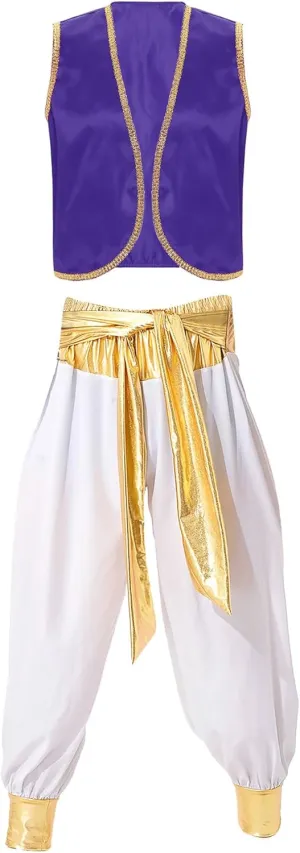 JEATHA Men's Arabian Prince Street Rat Costume for Adults Sleeveless Vest with Belt Harem Pants Cosplay Fancy Outfit Party