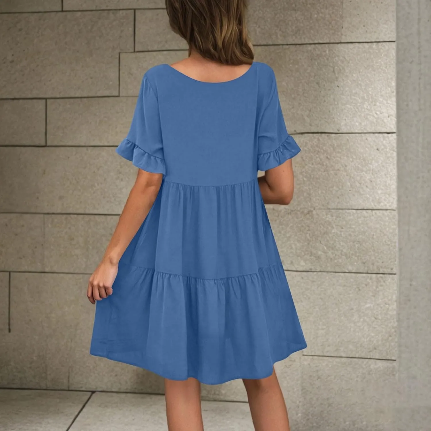 JOAU Dresses for Women Summer 2025 V Neck Short Ruffle Sleeve A Line Tiered Flowy Casual Trendy Mini Beach Dress with Pockets