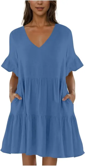 JOAU Dresses for Women Summer 2025 V Neck Short Ruffle Sleeve A Line Tiered Flowy Casual Trendy Mini Beach Dress with Pockets