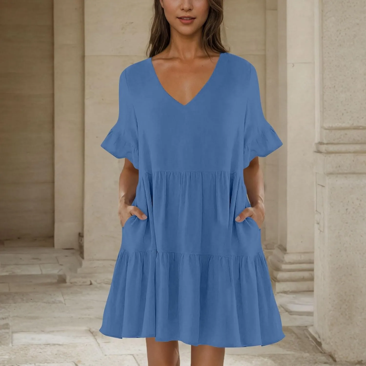 JOAU Dresses for Women Summer 2025 V Neck Short Ruffle Sleeve A Line Tiered Flowy Casual Trendy Mini Beach Dress with Pockets
