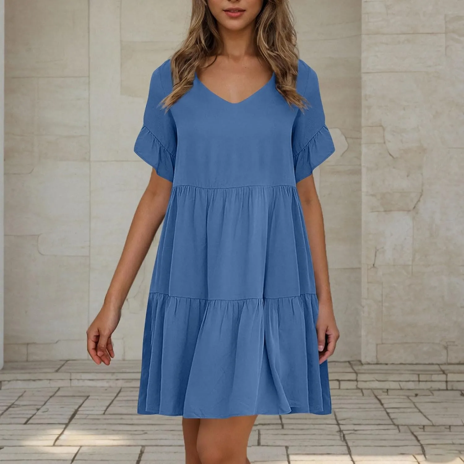 JOAU Dresses for Women Summer 2025 V Neck Short Ruffle Sleeve A Line Tiered Flowy Casual Trendy Mini Beach Dress with Pockets