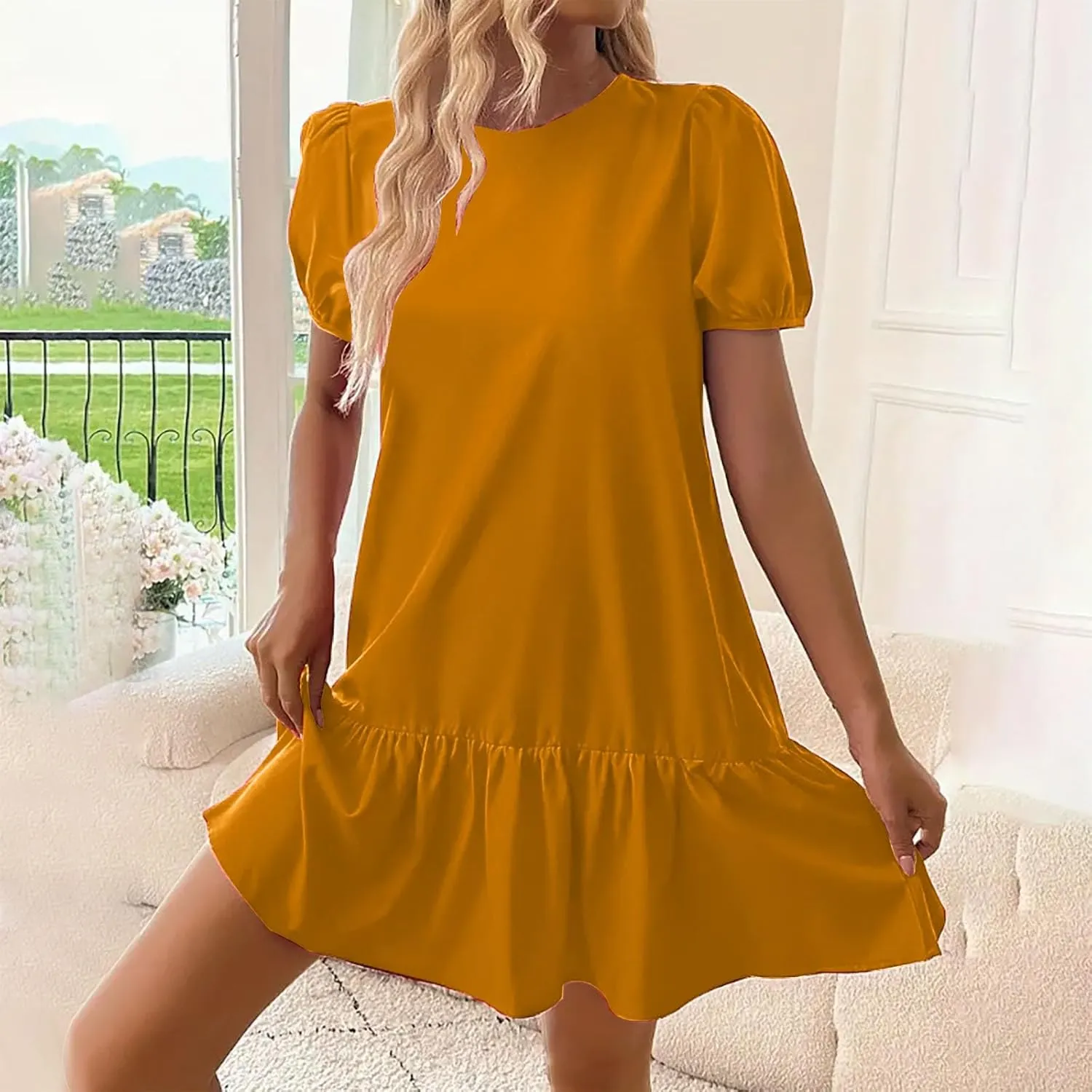 JOAU Women Summer Casual Boho Crew Neck Short Puff Sleeve A-Line Mini Dress Loose Ruffle Hem Flowy Dress 2025 Trendy Clothes