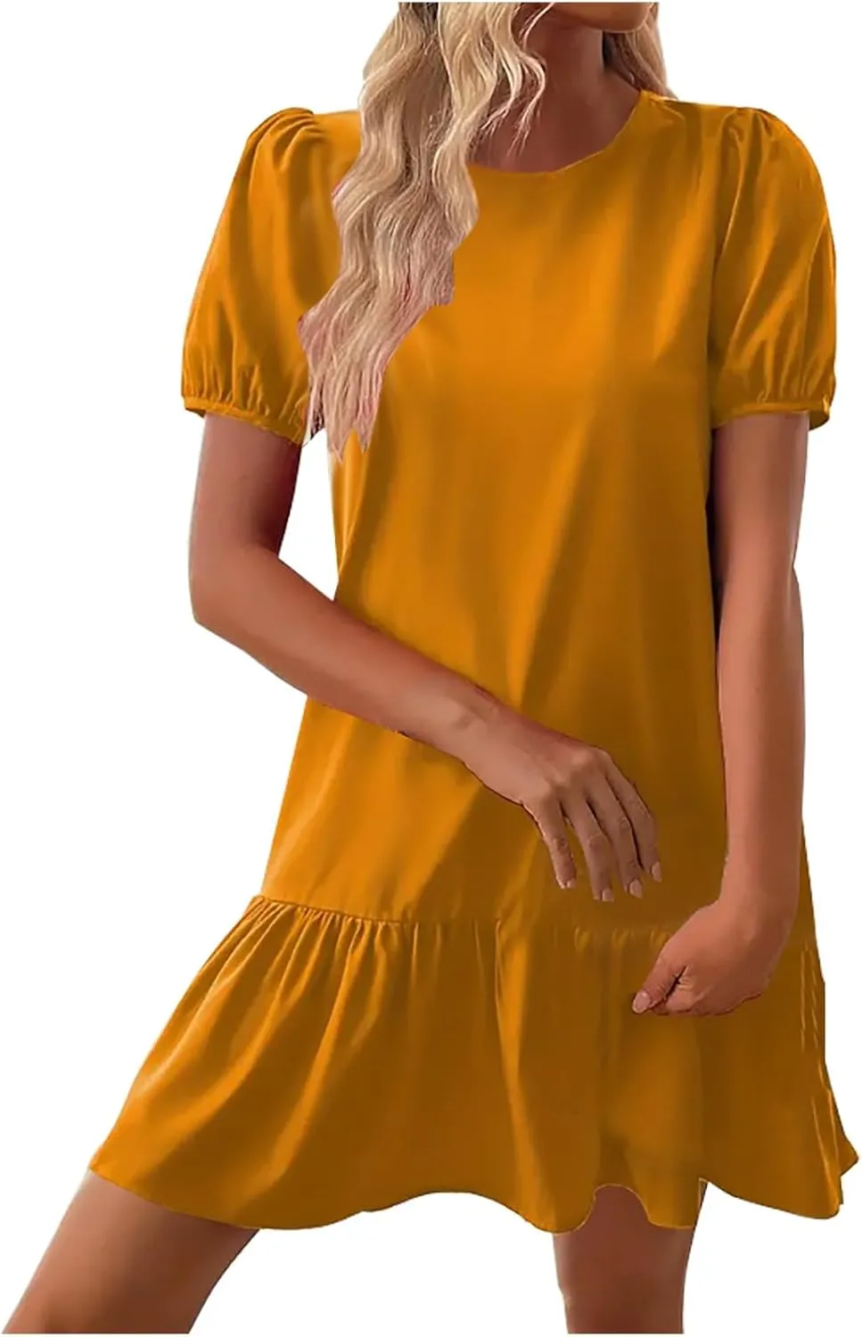 JOAU Women Summer Casual Boho Crew Neck Short Puff Sleeve A-Line Mini Dress Loose Ruffle Hem Flowy Dress 2025 Trendy Clothes