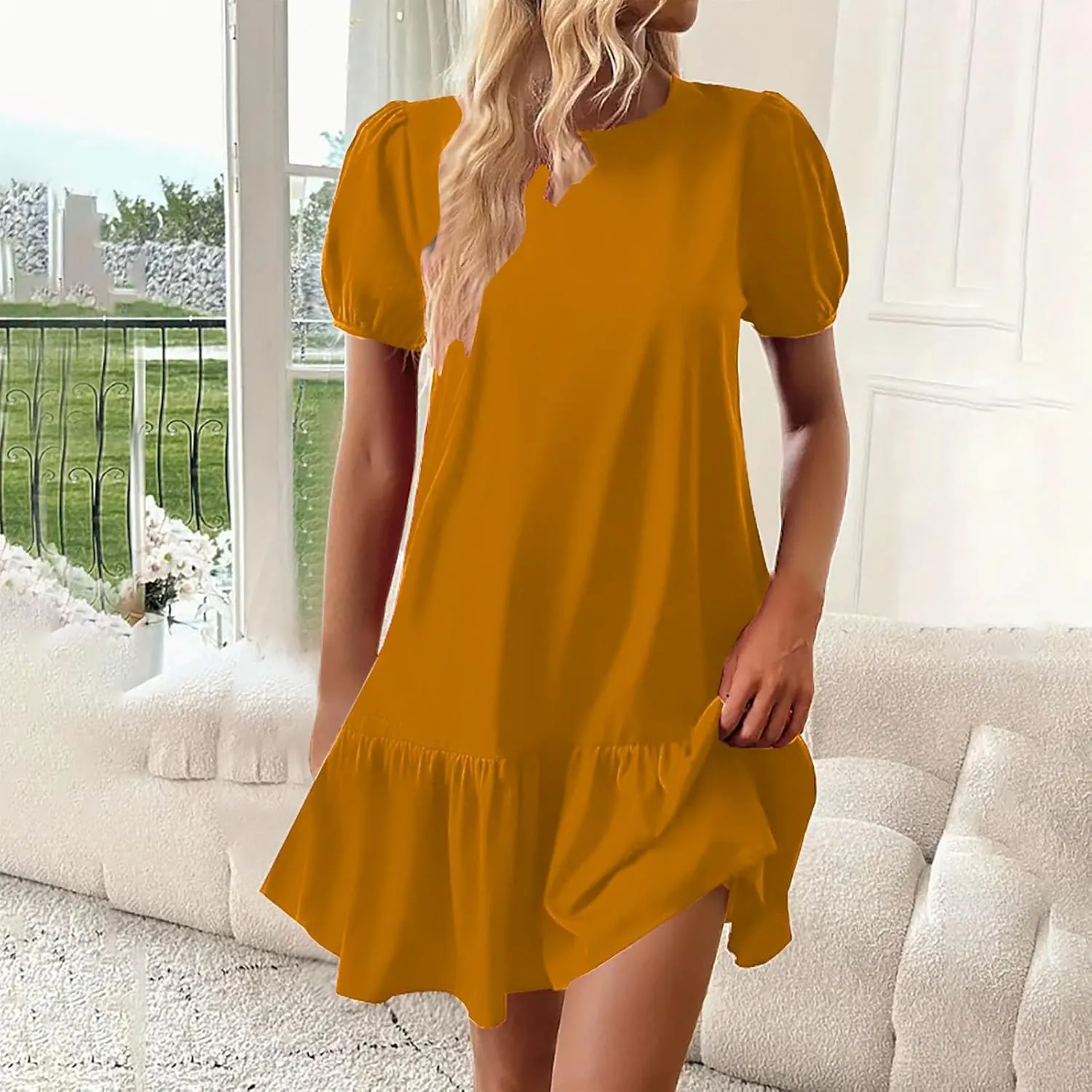 JOAU Women Summer Casual Boho Crew Neck Short Puff Sleeve A-Line Mini Dress Loose Ruffle Hem Flowy Dress 2025 Trendy Clothes