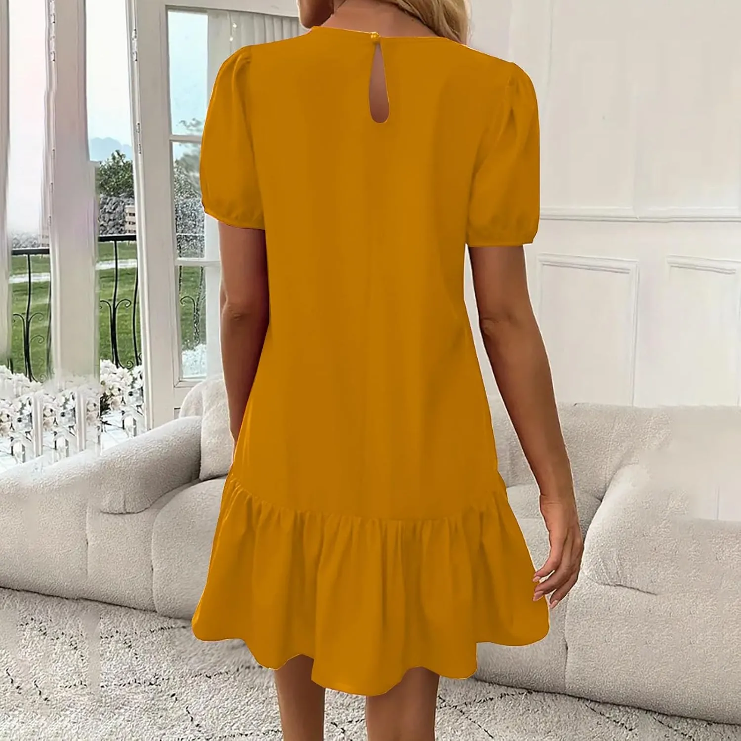 JOAU Women Summer Casual Boho Crew Neck Short Puff Sleeve A-Line Mini Dress Loose Ruffle Hem Flowy Dress 2025 Trendy Clothes