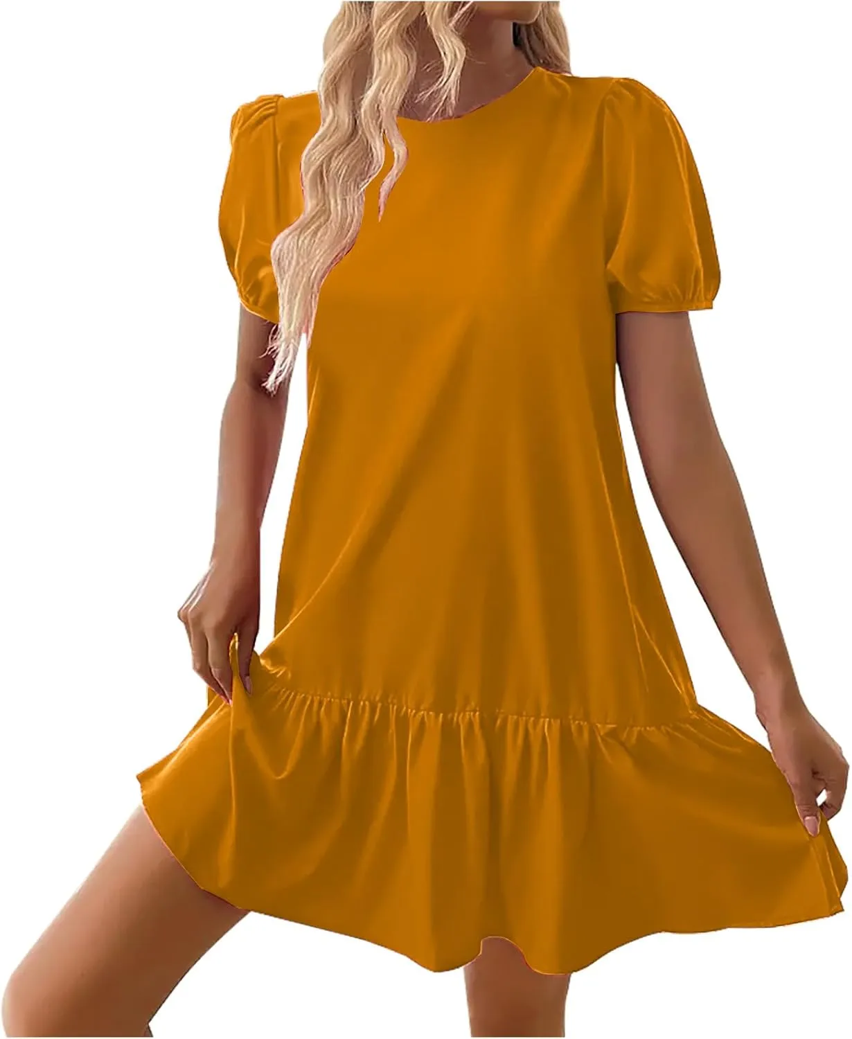 JOAU Women Summer Casual Boho Crew Neck Short Puff Sleeve A-Line Mini Dress Loose Ruffle Hem Flowy Dress 2025 Trendy Clothes