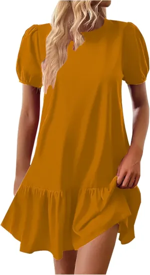 JOAU Women Summer Casual Boho Crew Neck Short Puff Sleeve A-Line Mini Dress Loose Ruffle Hem Flowy Dress 2025 Trendy Clothes