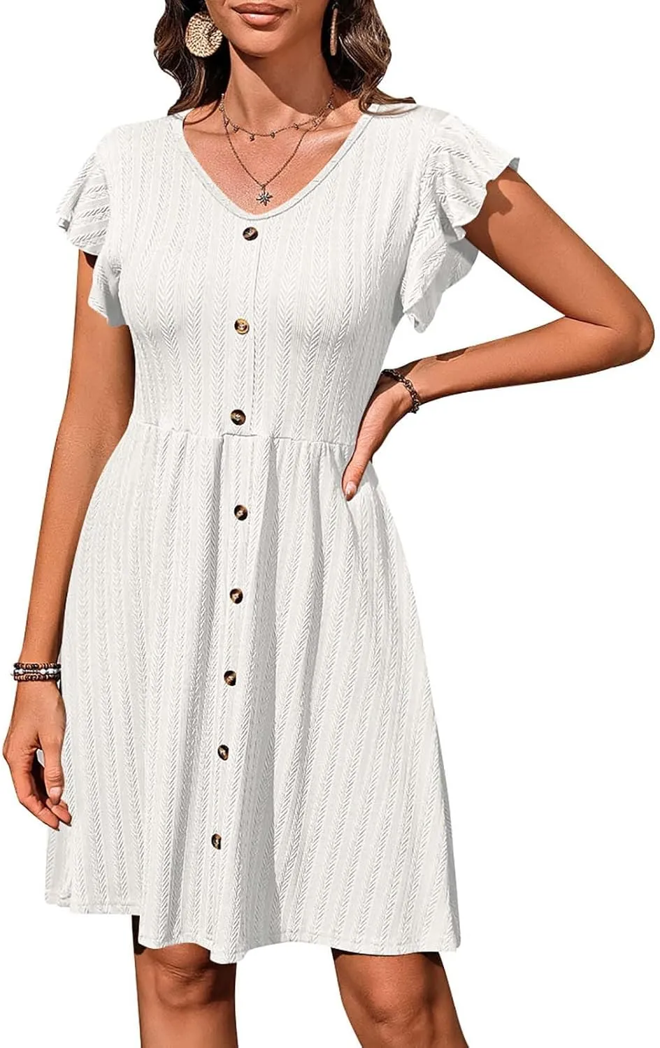 JOAU Womens Casual T-Shirt Mini Dresses Flowy Ruffle Short Sleeve V Neck Button Decor Dress A Line Loose Swing Short Dresses