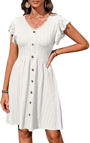 JOAU Womens Casual T-Shirt Mini Dresses Flowy Ruffle Short Sleeve V Neck Button Decor Dress A Line Loose Swing Short Dresses