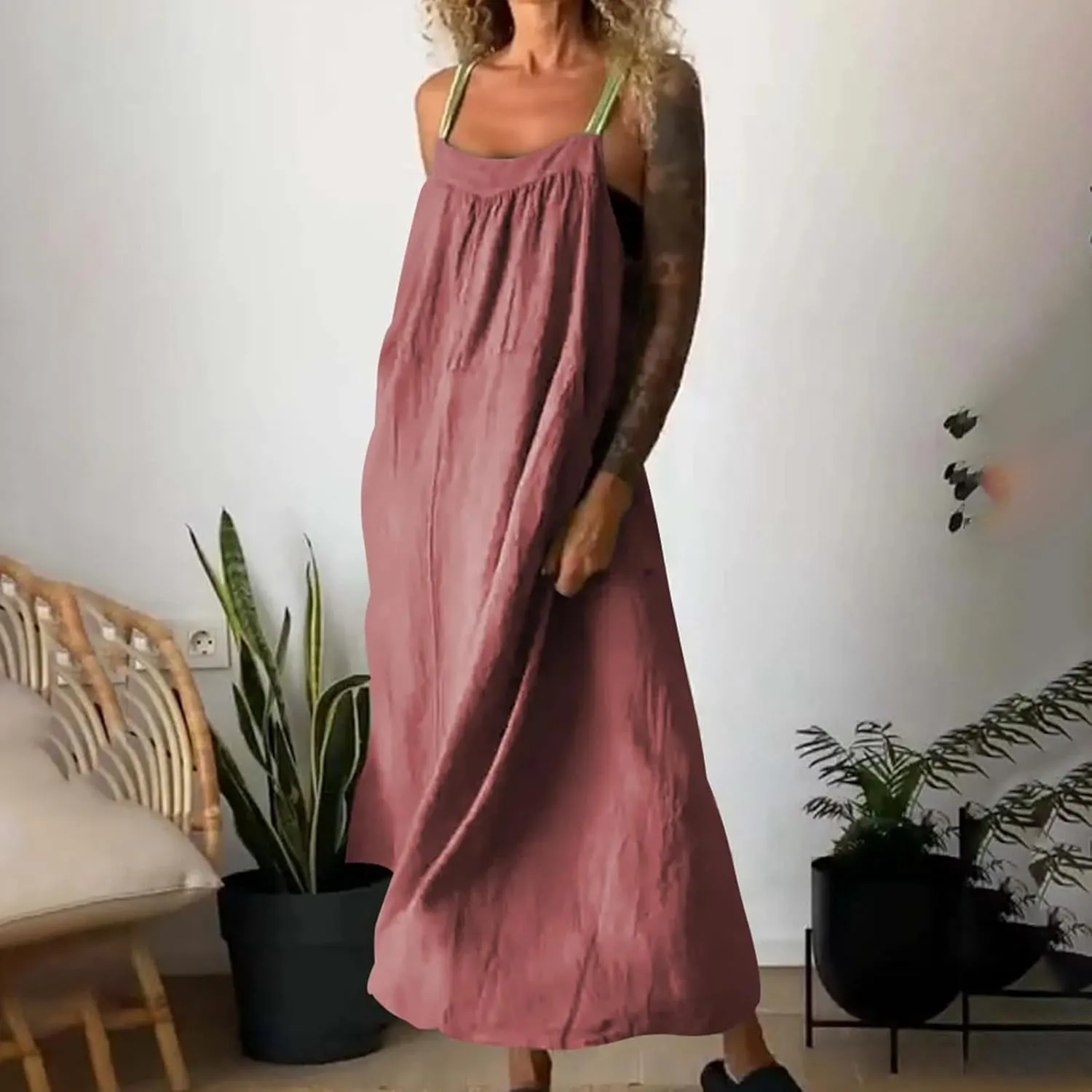 JOAU Womens Linen Maxi Dress Contrast Trim Spaghetti Straps Summer Outfits Travel Vacation Sleeveless Long Beach Sundresses