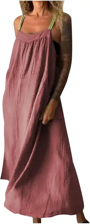 JOAU Womens Linen Maxi Dress Contrast Trim Spaghetti Straps Summer Outfits Travel Vacation Sleeveless Long Beach Sundresses