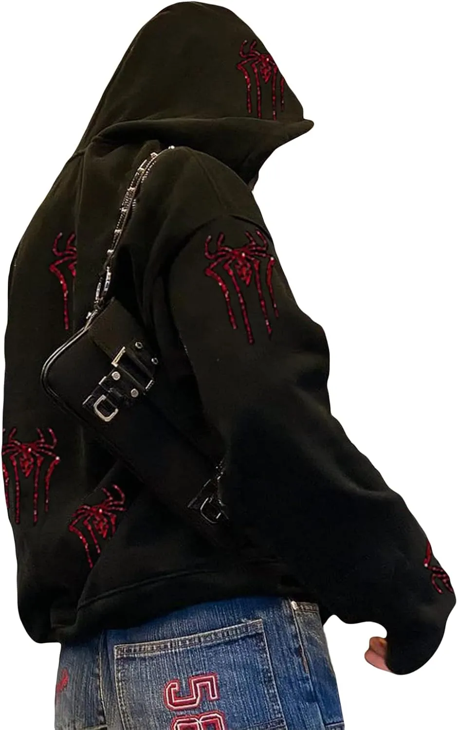 Kaipiclos Skeleton Hoodie Men Women Full Zip Up Hoodie Over Face Oversized Graphic Rhinestone Skull Streetwear Jacket