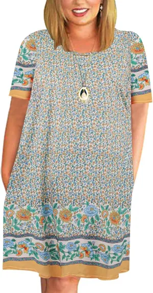 Kancystore Women Plus Size Dresses Short Sleeve Cold Shoulder Casual T-Shirt Swing Dress with Pockets