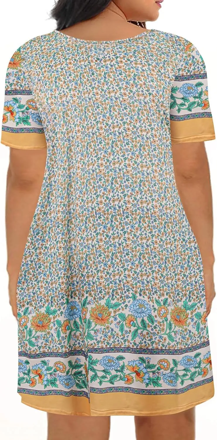Kancystore Women Plus Size Dresses Short Sleeve Cold Shoulder Casual T-Shirt Swing Dress with Pockets