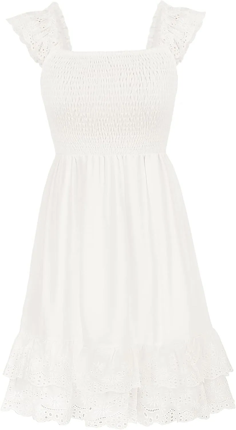 Kate Kasin Women's Summer Ruffle Strap Sleeveless Square Neck Smocked Back A Line Tiered Swing Mini Dress Vacation Beachwear