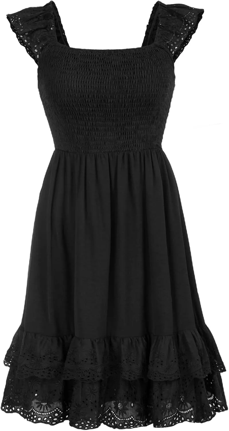 Kate Kasin Women's Summer Ruffle Strap Sleeveless Square Neck Smocked Back A Line Tiered Swing Mini Dress Vacation Beachwear