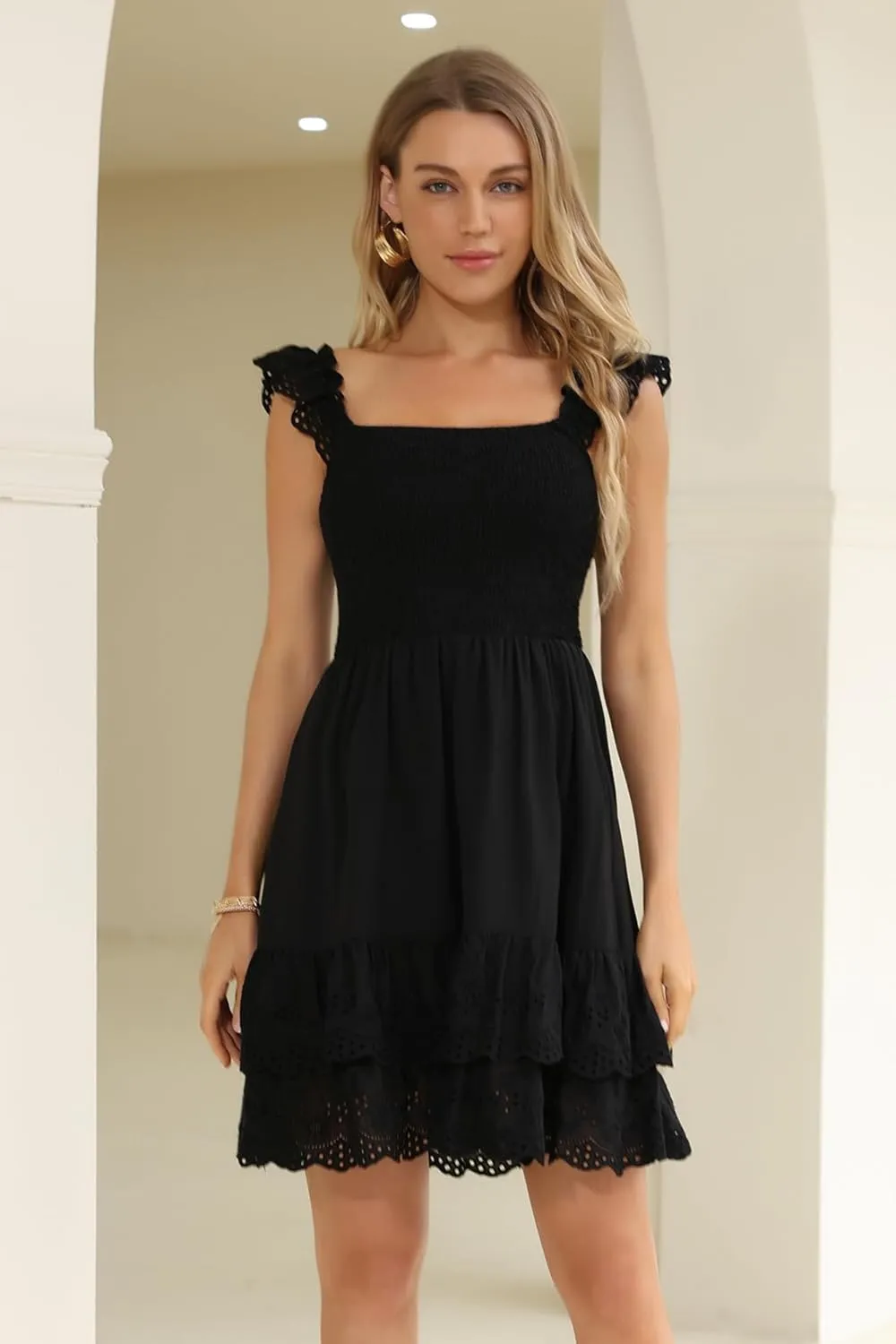Kate Kasin Women's Summer Ruffle Strap Sleeveless Square Neck Smocked Back A Line Tiered Swing Mini Dress Vacation Beachwear