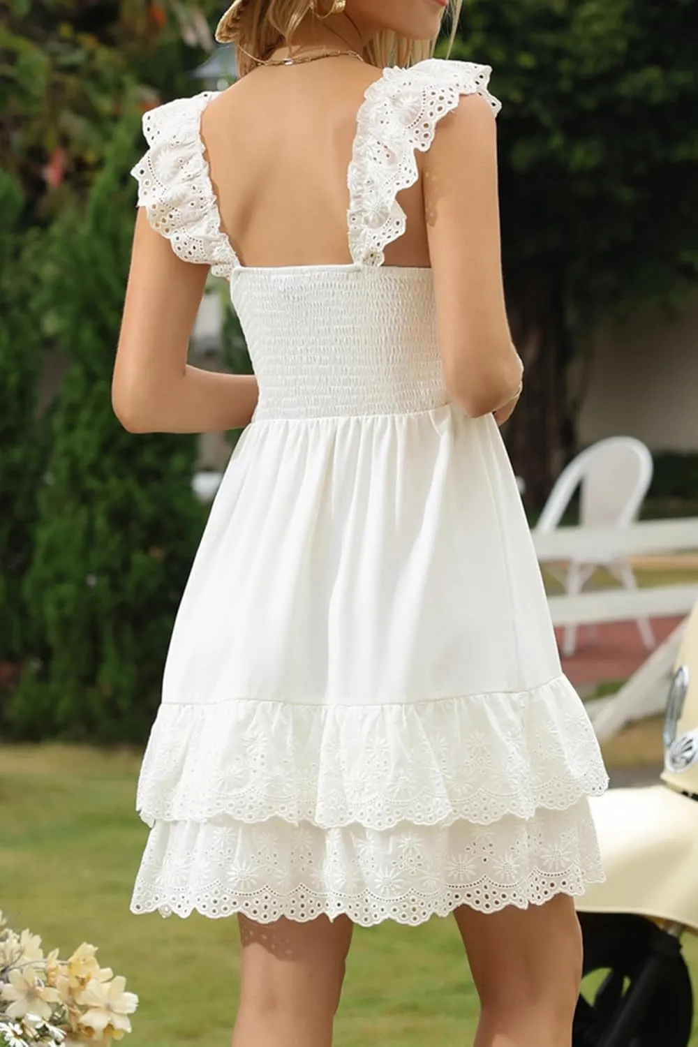 Kate Kasin Women's Summer Ruffle Strap Sleeveless Square Neck Smocked Back A Line Tiered Swing Mini Dress Vacation Beachwear