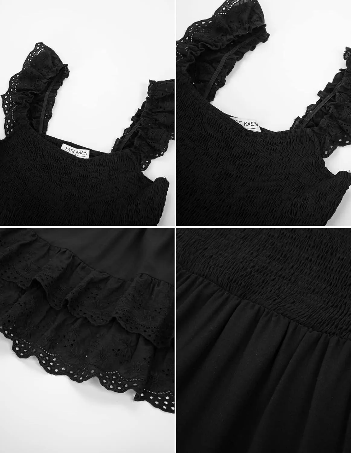 Kate Kasin Women's Summer Ruffle Strap Sleeveless Square Neck Smocked Back A Line Tiered Swing Mini Dress Vacation Beachwear