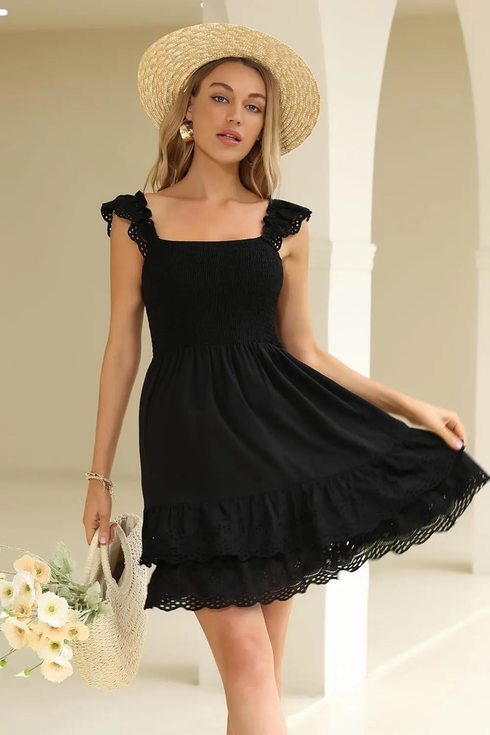 Kate Kasin Women's Summer Ruffle Strap Sleeveless Square Neck Smocked Back A Line Tiered Swing Mini Dress Vacation Beachwear