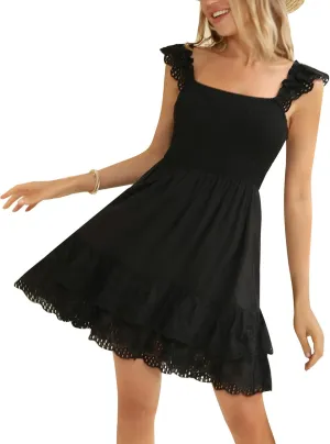 Kate Kasin Women's Summer Ruffle Strap Sleeveless Square Neck Smocked Back A Line Tiered Swing Mini Dress Vacation Beachwear