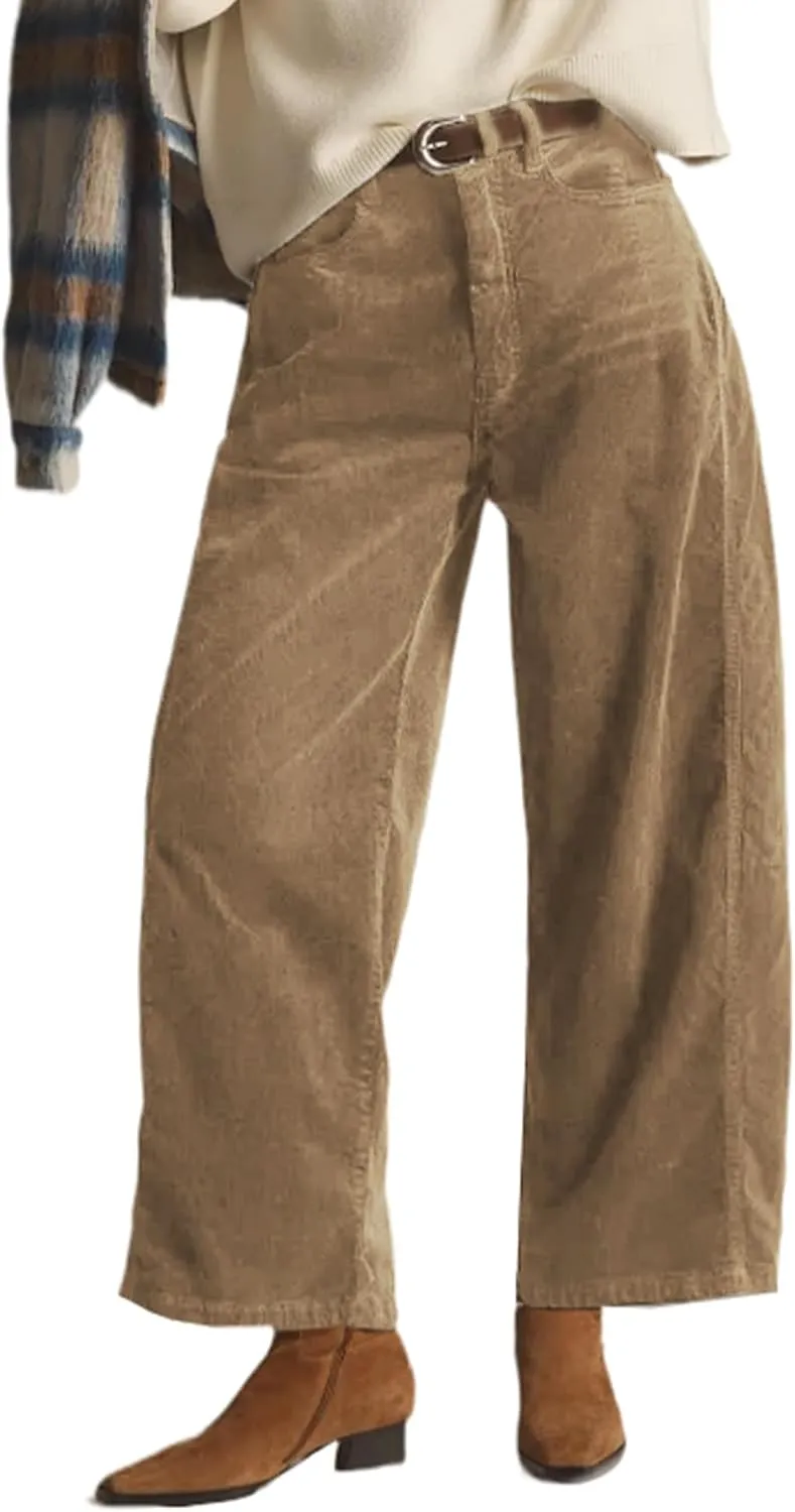 Kedera Mid Rise Barrel Jeans for Women Corduroy Wide Leg Denim Pants Baggy Boyfriend Jeans with Pockets