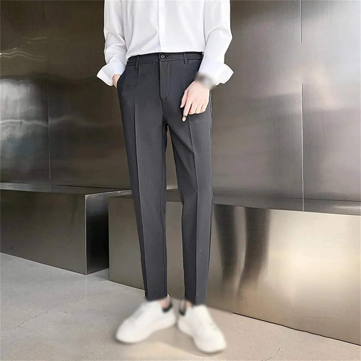 Kelsiop Autumn and Winter Suit Pants Men's Elastic Business Elastic Waist Slim Ankle Length Trousers Thick Pants Large Size