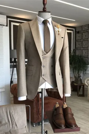 Khaki Gray Peaked Lapel Three Pieces Business Suits Slim Fit Wedding Groom Suits