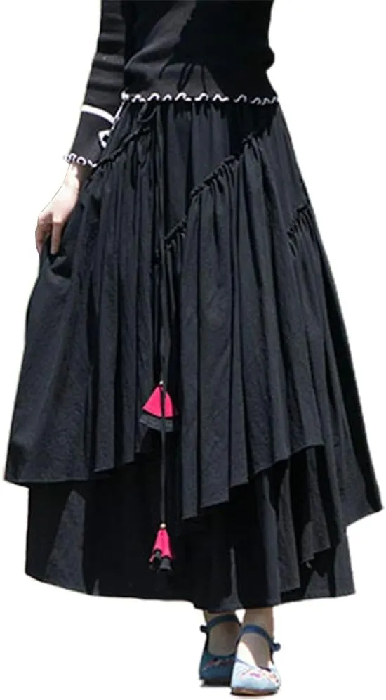 Kinghua Womens Retro Cotton Linen Long Skirt Casual Elastic Waist Pleated Asymmetrical A Line Flare Maxi Skirt