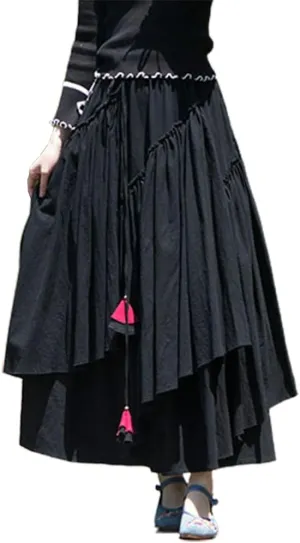 Kinghua Womens Retro Cotton Linen Long Skirt Casual Elastic Waist Pleated Asymmetrical A Line Flare Maxi Skirt