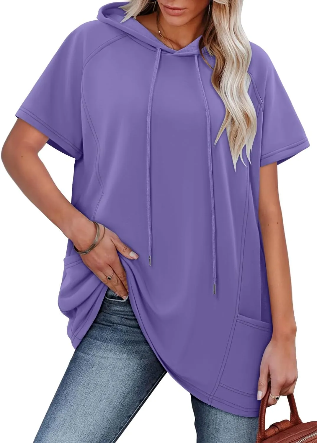 KISSMODA Long Shirts for Women Plus Size Summer Dresses 2025 Pullover Hoodies Short Sleeve Tunic Tops With Pockets