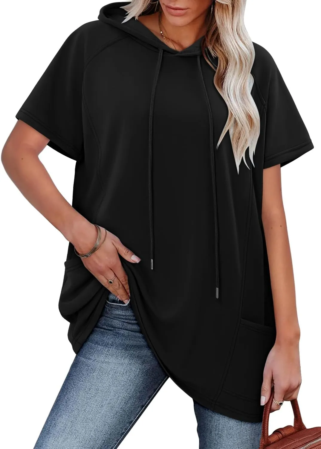 KISSMODA Long Shirts for Women Plus Size Summer Dresses 2025 Pullover Hoodies Short Sleeve Tunic Tops With Pockets