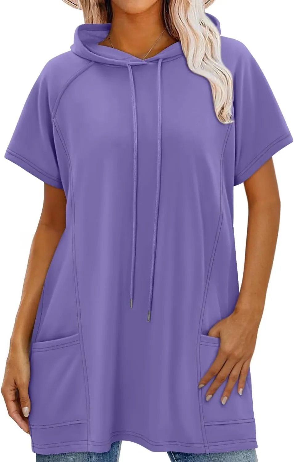 KISSMODA Long Shirts for Women Plus Size Summer Dresses 2025 Pullover Hoodies Short Sleeve Tunic Tops With Pockets