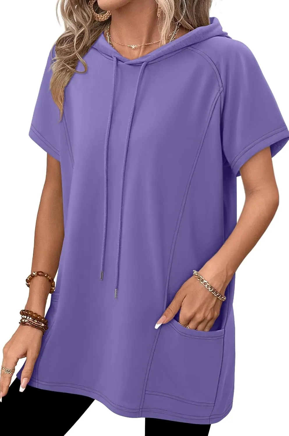KISSMODA Long Shirts for Women Plus Size Summer Dresses 2025 Pullover Hoodies Short Sleeve Tunic Tops With Pockets