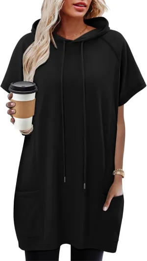 KISSMODA Long Shirts for Women Plus Size Summer Dresses 2025 Pullover Hoodies Short Sleeve Tunic Tops With Pockets