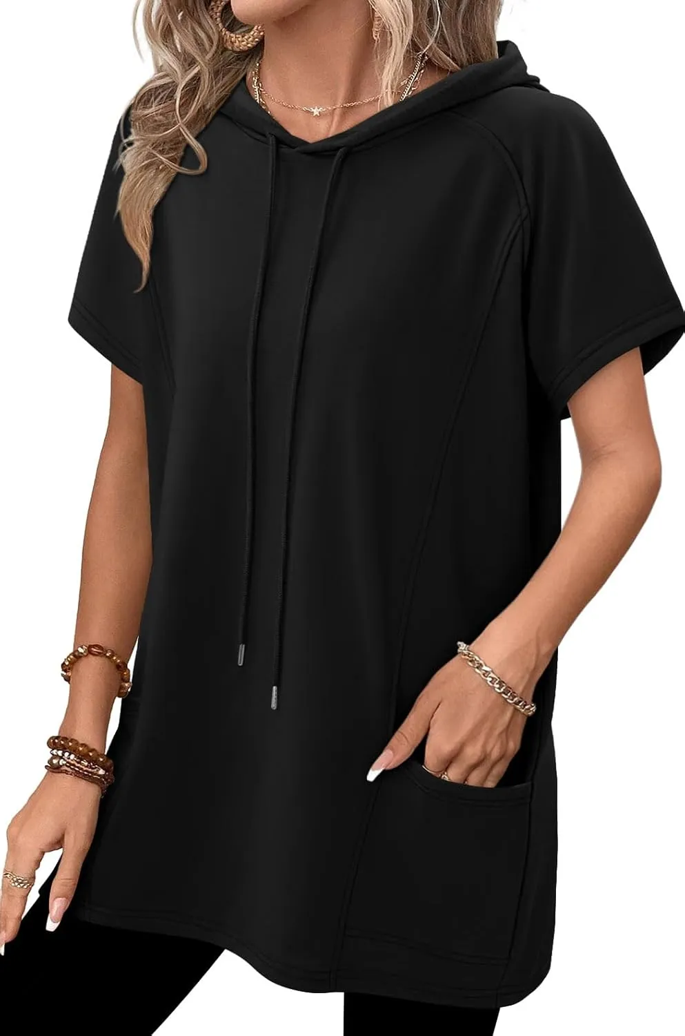 KISSMODA Long Shirts for Women Plus Size Summer Dresses 2025 Pullover Hoodies Short Sleeve Tunic Tops With Pockets