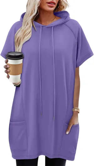 KISSMODA Long Shirts for Women Plus Size Summer Dresses 2025 Pullover Hoodies Short Sleeve Tunic Tops With Pockets