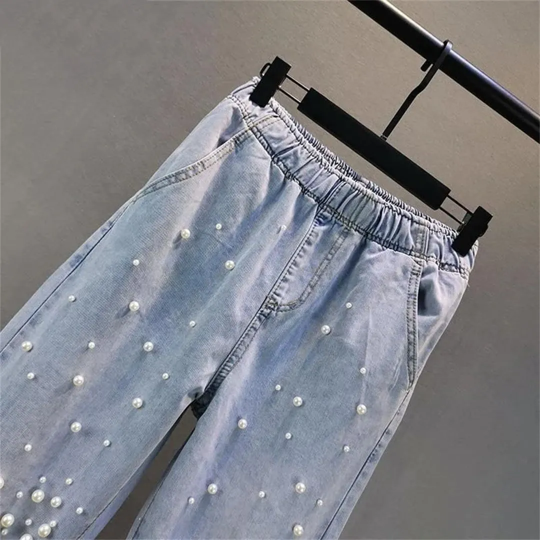 Korean Woman Streetwear Fashion Denim Harem Pants Bottoms Elastic Waist Beading Casual Vintage Jeans