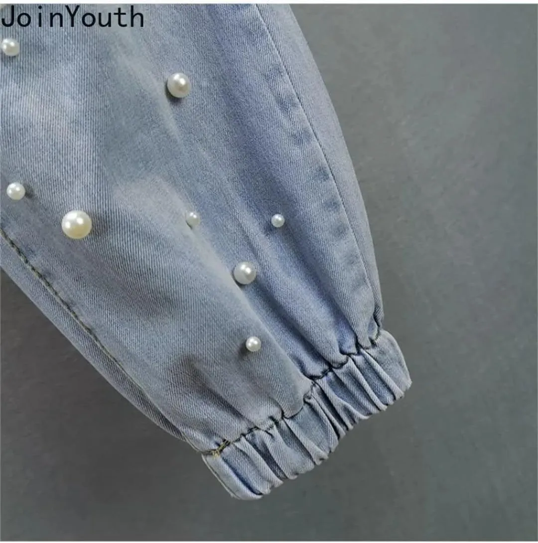 Korean Woman Streetwear Fashion Denim Harem Pants Bottoms Elastic Waist Beading Casual Vintage Jeans