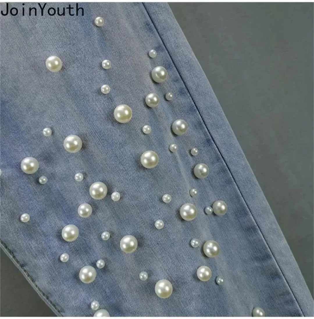 Korean Woman Streetwear Fashion Denim Harem Pants Bottoms Elastic Waist Beading Casual Vintage Jeans