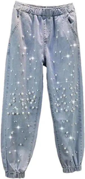Korean Woman Streetwear Fashion Denim Harem Pants Bottoms Elastic Waist Beading Casual Vintage Jeans