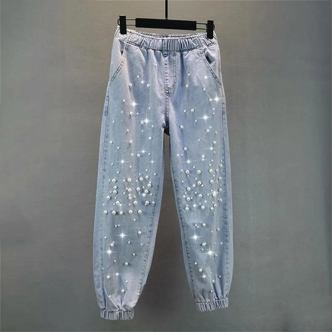 Korean Woman Streetwear Fashion Denim Harem Pants Bottoms Elastic Waist Beading Casual Vintage Jeans