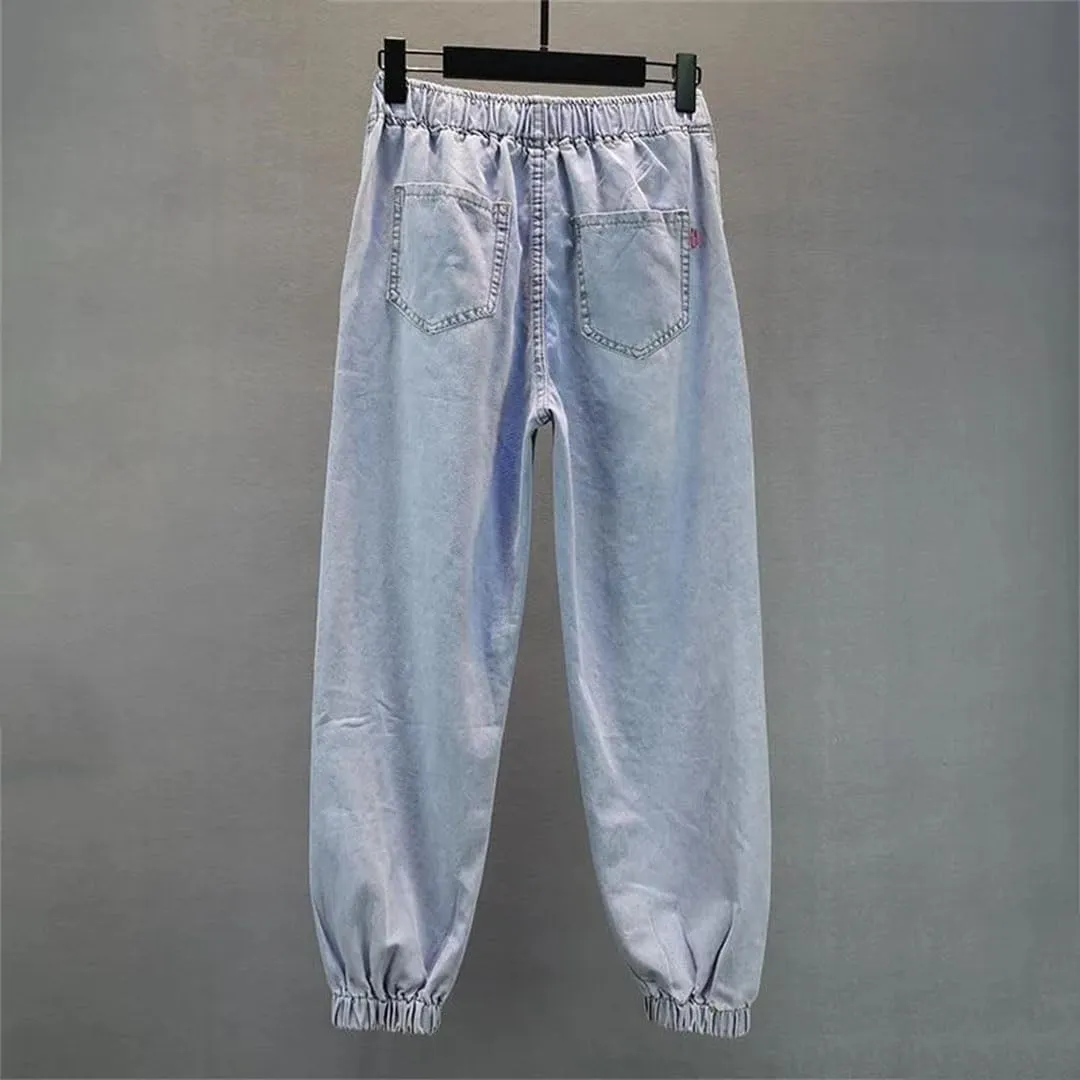 Korean Woman Streetwear Fashion Denim Harem Pants Bottoms Elastic Waist Beading Casual Vintage Jeans